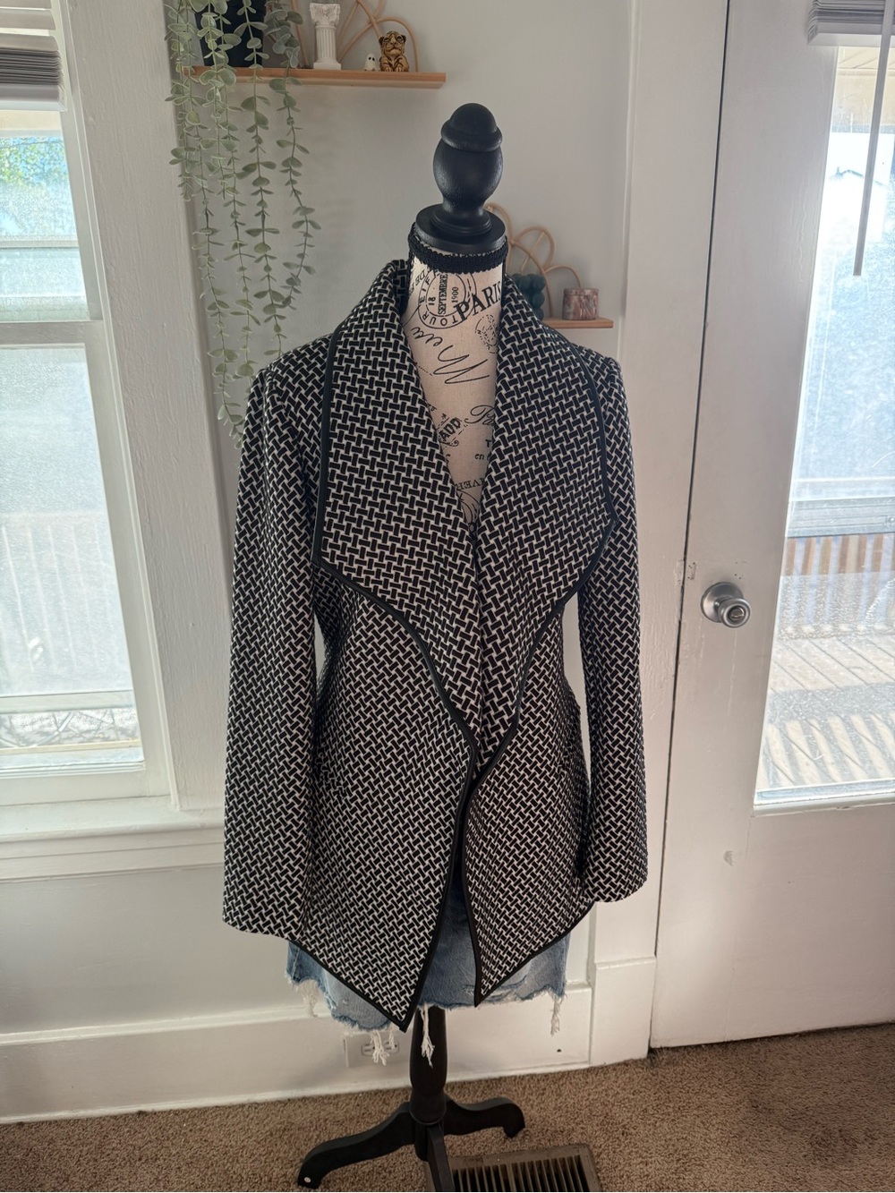 Calvin Klein Black and White Open-Front Draped Blazer